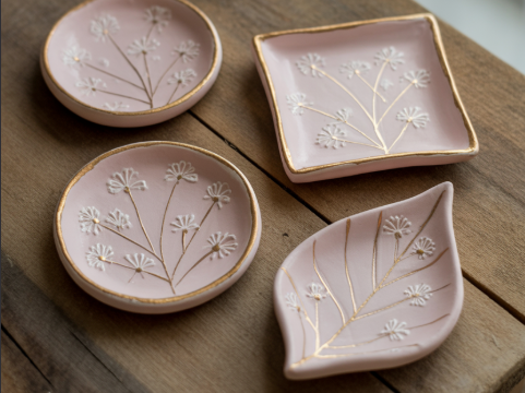 image Finished clay trinket dishes with gold accents on a table
